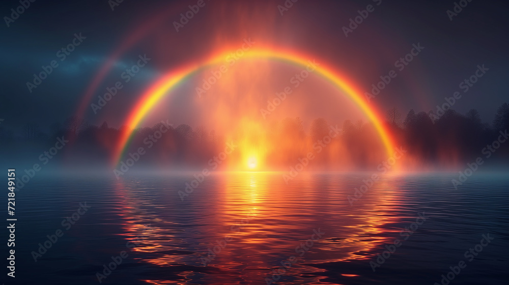 夕暮れ時の湖にかかる美しい虹 夕暮れ時の湖にかかる美しい虹