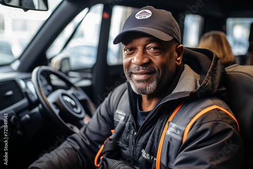 Joyful black truck driver sitting in vehicle cabin and looking at camera with a bright smile photo