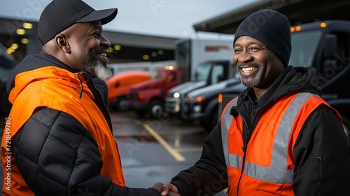 Cheerful black driver and dispatcher captured shaking hands at the truck parking lot © sorin