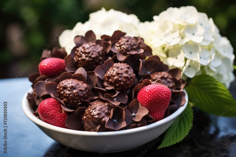 Chocolate-dipped strawberries displayed amidst blooming hydrangeas. Chocolate-dipped strawberries displayed amidst blooming hydrangeas.