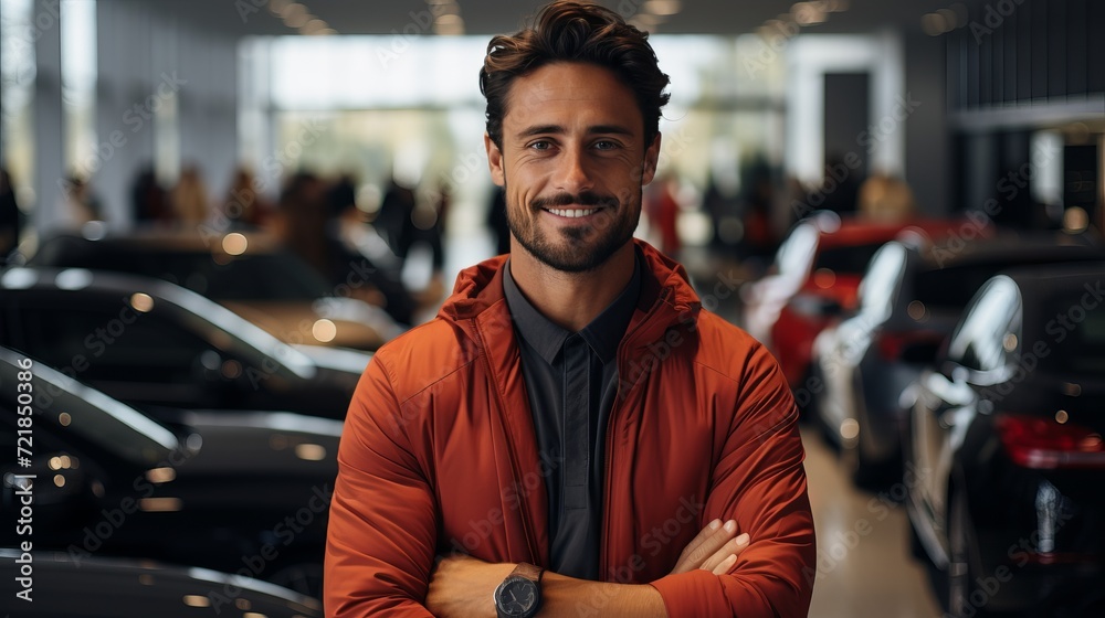Smiling car salesman posing at dealership with background cars and looking at camera Smiling car salesman posing at dealership with background cars and looking at camera