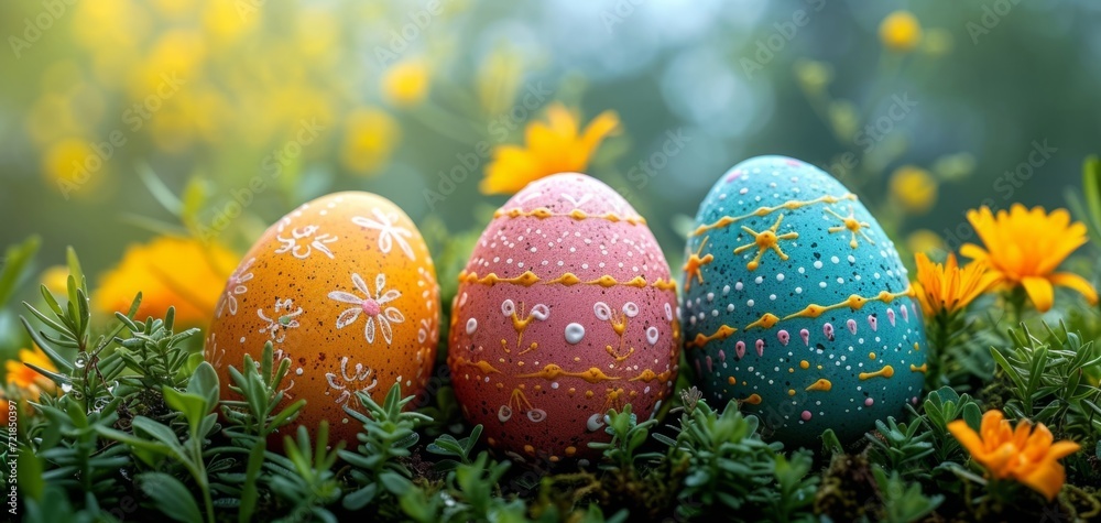 Colorful Easter Eggs Among Spring Flowers. Colorful Easter Eggs Among Spring Flowers.
