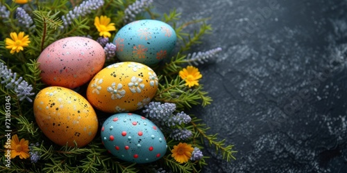 Colorful Easter Eggs Among Spring Flowers.