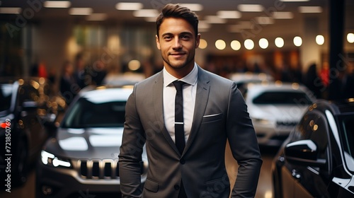 Young, smiling car salesman at dealership looking at camera with cars in the background photo