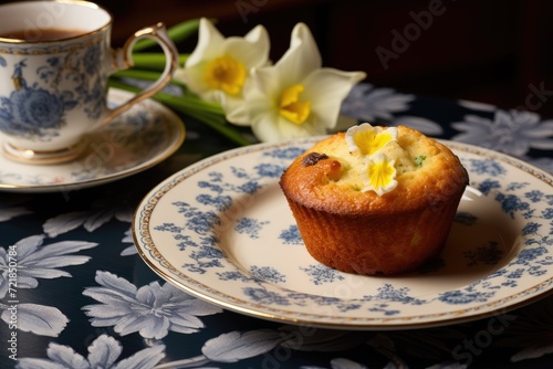 Blueberry muffin on a floral-patterned plate with daffodils.