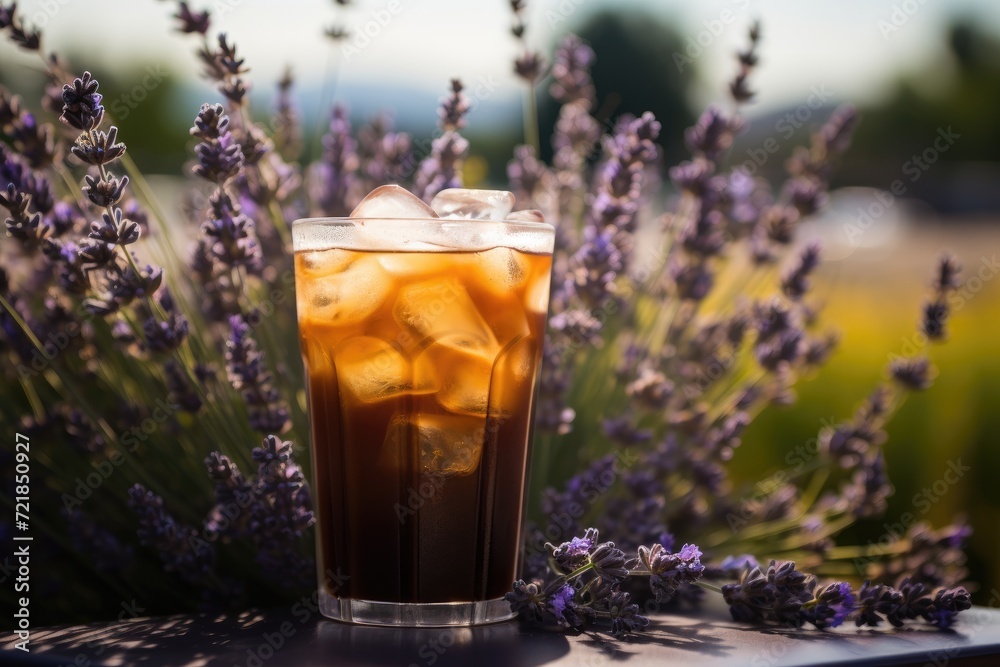 Cold brew coffee surrounded by lavender bushes in full bloom. Cold brew coffee surrounded by lavender bushes in full bloom.