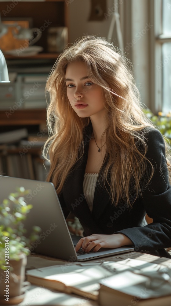 Young woman in a black business suit with a gray laptop, in the office sits at an additional table on which there is a houseplant. Modern office in light colours Young woman in a black business suit with a gray laptop, in the office sits at an additional table on which there is a houseplant. Modern office in light colours