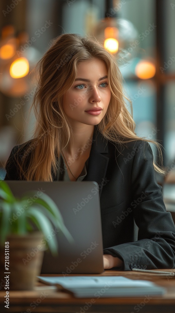 Young woman in a black business suit with a gray laptop, in the office sits at an additional table on which there is a houseplant. Modern office in light colours Young woman in a black business suit with a gray laptop, in the office sits at an additional table on which there is a houseplant. Modern office in light colours