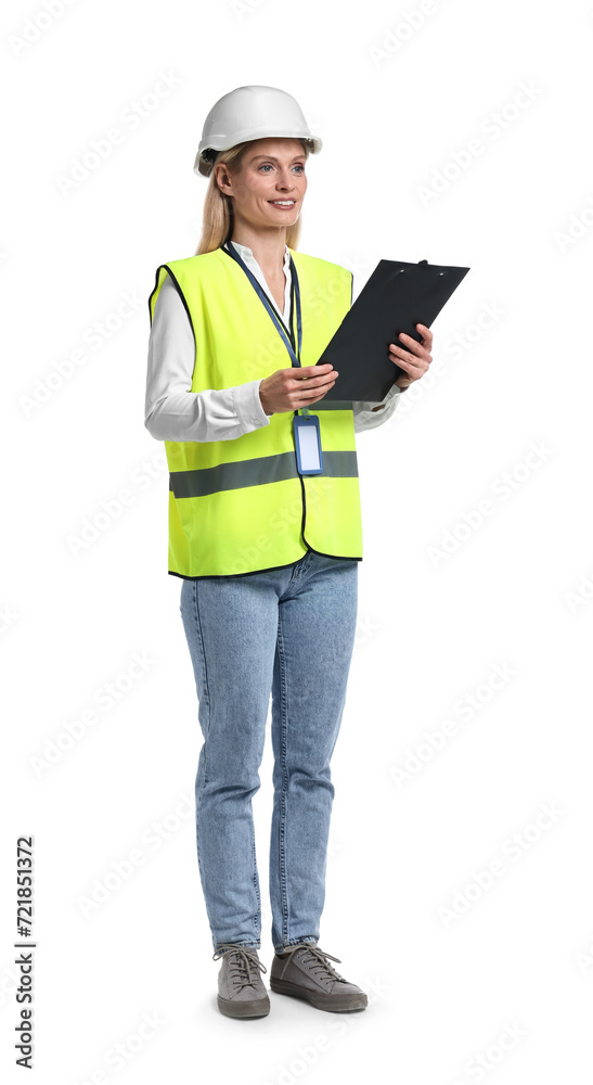 Engineer in hard hat holding clipboard on white background Engineer in hard hat holding clipboard on white background