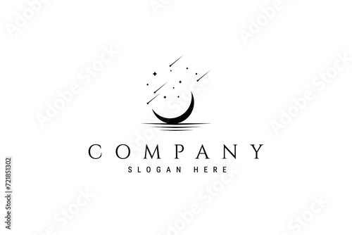 Vector logo image of a crescent moon silhouette with a sky studded with falling stars.