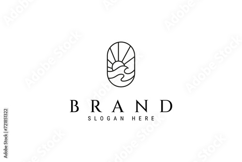 waves and sun shining logo in oval frame in minimalistic outline linear design style