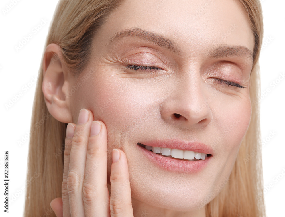 Beautiful woman with healthy skin on white background, closeup