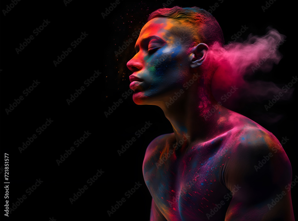 Fashion editorial Concept. Stunning muscular man dissolve surround with colour explosive holi powder chalk dust paint . dynamic composition dramatic lighting. copy text space
Fashion editorial Concept. Stunning muscular man dissolve surround with colour explosive holi powder chalk dust paint . dynamic composition dramatic lighting. copy text space