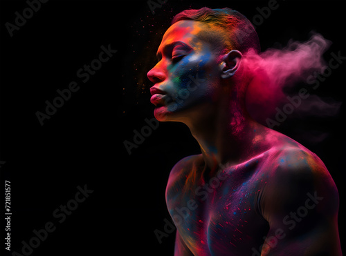 Fashion editorial Concept. Stunning muscular man dissolve surround with colour explosive holi powder chalk dust paint . dynamic composition dramatic lighting. copy text space	
