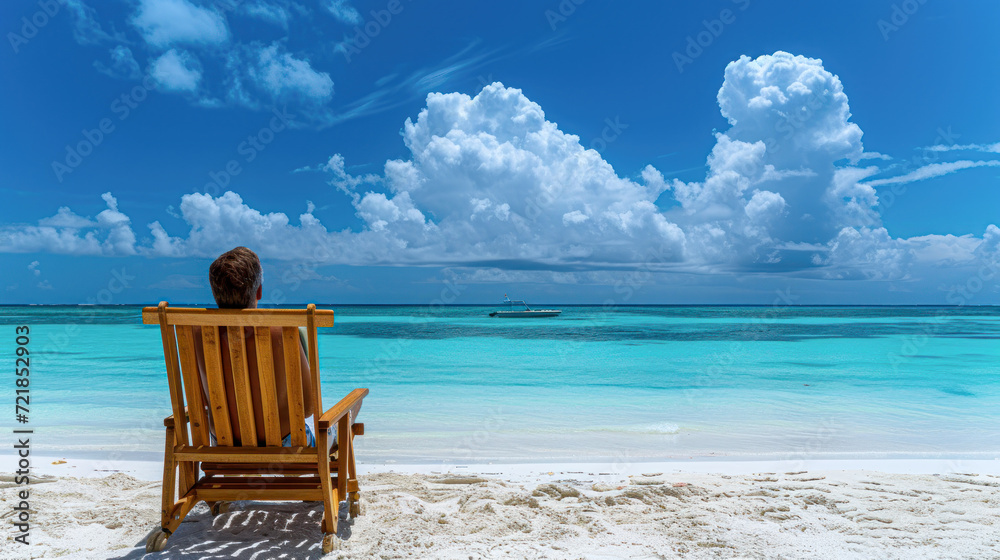 Back view of a person in a straw hat relaxing on a wooden beach chair ...