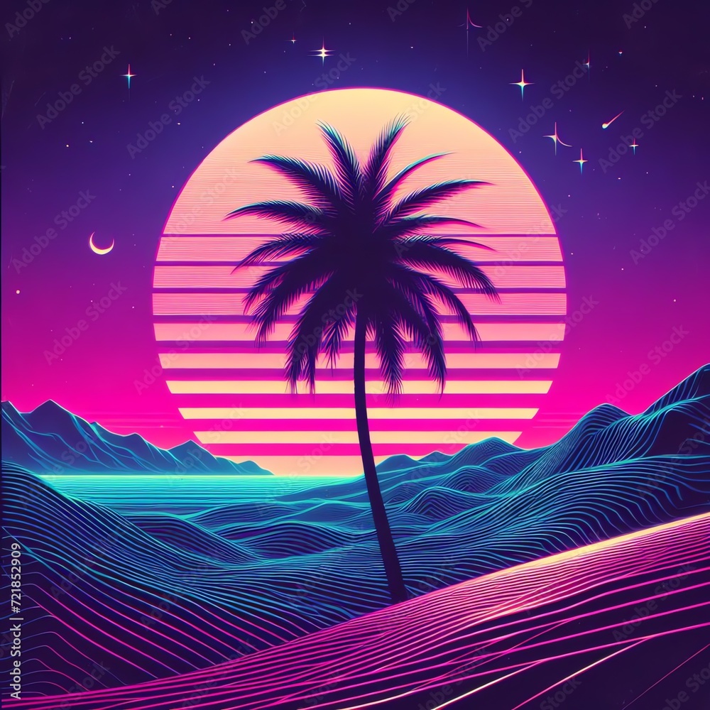 Neon Retro Palm Tree at Sunset