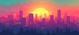 Pixel art skyline with a radiant sun setting amidst skyscrapers, casting a warm glow over the city in a serene 8-bit sunset scene.