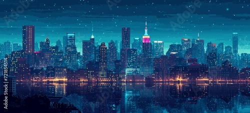 Pixel art of a vibrant night cityscape, with skyscrapers casting reflections on water under a star-filled sky in a serene 8-bit urban scene. photo