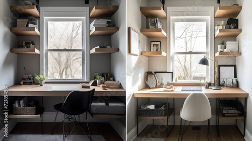 Contemporary Home Office: Minimalist Design with Warm Wood Tones AI-Generative