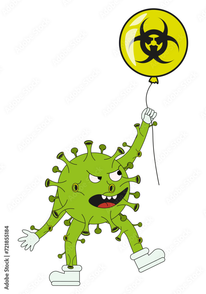 Fototapeta premium Disease X Pathogen character in trendy Rubber Hose style on Biohazard balloon isolated white background. Green Virus in Groovy style. Vector illustration can used medical web poster EPS 10