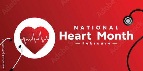 National Heart Month. featuring stethoscopes, hearts and more, red background. banners, posters, social media content, cards and more.