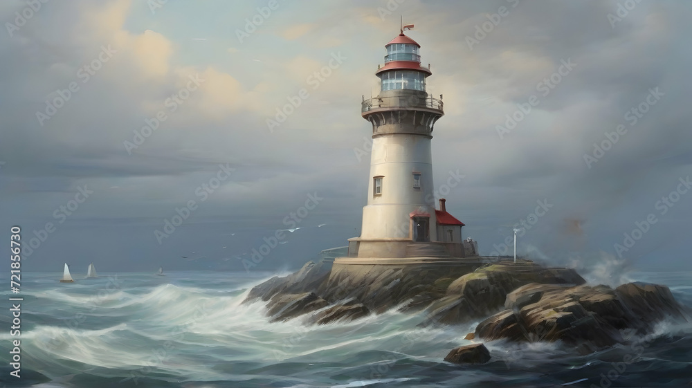 Painting of lighthouse in the sea illustration wallpaper