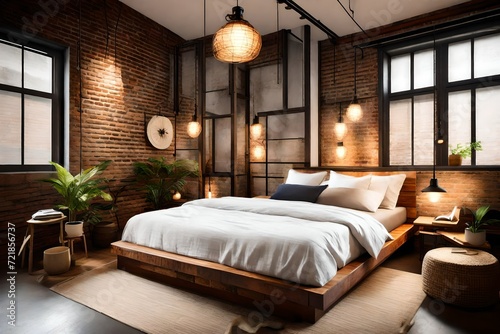 A modern Filipino-inspired bedroom with a touch of industrial chic, featuring exposed brick walls, capiz shell pendant lights, and a platform bed with metal accents. photo