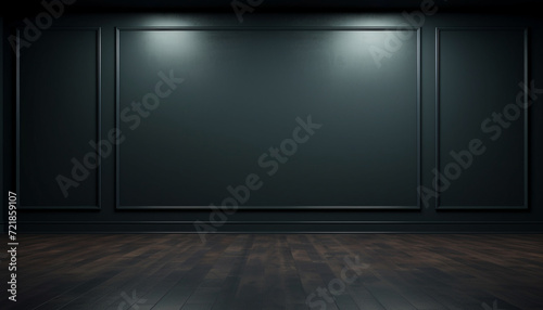 Empty room with sunlight shining, large window. black gradient soft light background of studio for artwork design. 