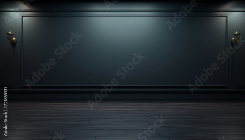 Empty room with sunlight shining, large window. black gradient soft light background of studio for artwork design. 