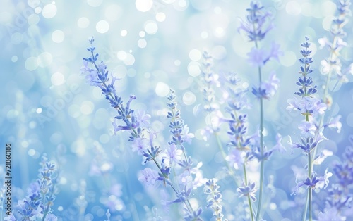 Lavender flowers on blue background with bokeh effect