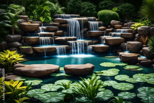 Create a serene outdoor haven with our wide banner showcasing a modern water feature fountain waterfall. 