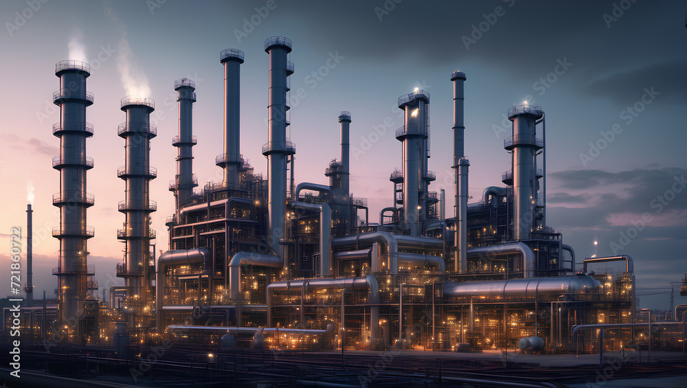 Oil Refinery with holographic translucent effect high detailed super realistic quality