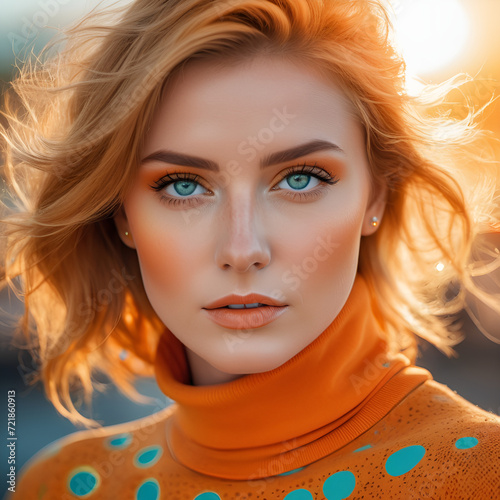 woman, orange and yellow turtleneck blue eyes, sun-kissed palettes, lush and detailed, explosive pigmentation, light teal and light orange, polka dot madness, luminous shadows, layered lines