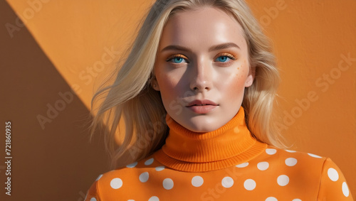 woman, orange and yellow turtleneck blue eyes, sun-kissed palettes, lush and detailed, explosive pigmentation, light teal and light orange, polka dot madness, luminous shadows, layered lines