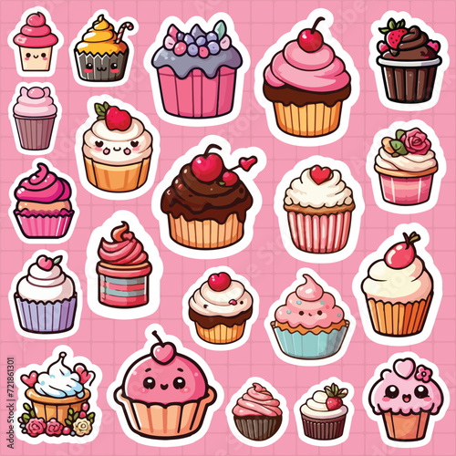 Cute cupcake sticker pack vector illustration