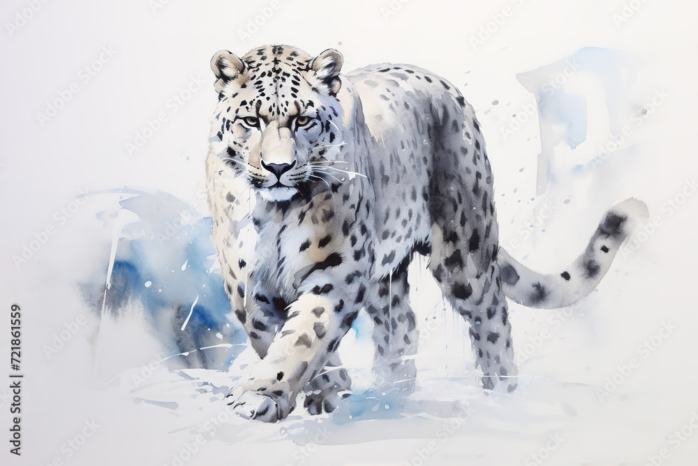 Watercolor painting of snow leopard in the snowy silderness. Wild Animals. Generative AI. Watercolor painting of snow leopard in the snowy silderness. Wild Animals. Generative AI.