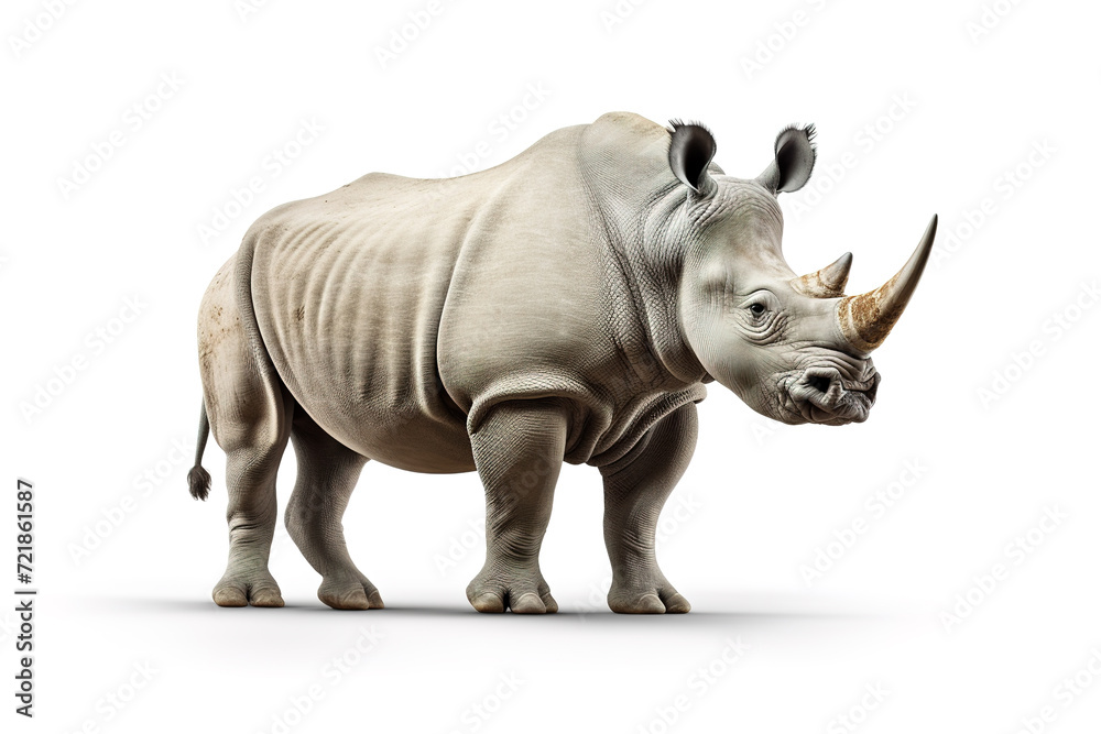 A grey rhinoceros, standing majestically, is captured in this image against a pristine white background, showcasing the beauty of this large, horned creature. Rhino. Wild Animals. Generative AI. A grey rhinoceros, standing majestically, is captured in this image against a pristine white background, showcasing the beauty of this large, horned creature. Rhino. Wild Animals. Generative AI.