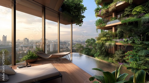 Urban Oasis with Hanging Gardens  Floor-to-Ceiling Windows  and Sleek Wooden Furniture.