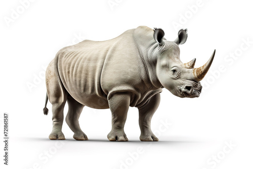 A grey rhinoceros  standing majestically  is captured in this image against a pristine white background  showcasing the beauty of this large  horned creature. Rhino. Wild Animals. Generative AI.