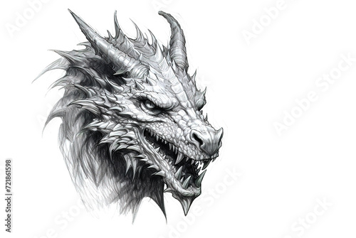 Sketch Dragon Head Illustration. A fierce and majestic black dragon head, intricately designed with tribal elements, perfect. Mythical creatures. Ancient animals. Illustration, Generative AI. © yod67