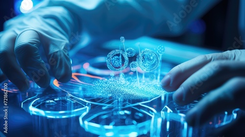 Close-up scientist conducting research of medicine lab and pharma production, chemistry genetic lab, nanomaterial research, AI generated, copy space for text