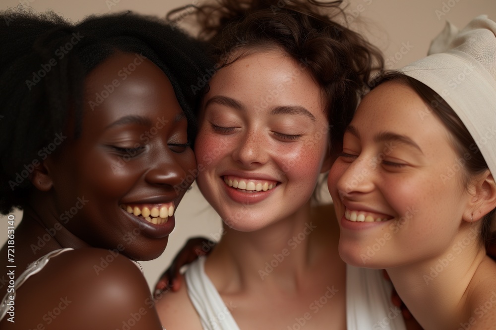 Close-up portrait of three diverse joyful women with radiant smiles, showcasing friendship and diverse beauty together. Close-up portrait of three diverse joyful women with radiant smiles, showcasing friendship and diverse beauty together.