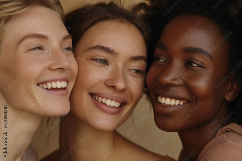 Close-up portrait of three diverse joyful women with radiant smiles, showcasing friendship and diverse beauty together. Close-up portrait of three diverse joyful women with radiant smiles, showcasing friendship and diverse beauty together.