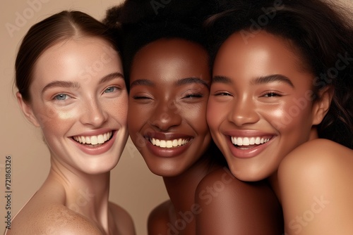 Close-up portrait of three diverse joyful women with radiant smiles, showcasing friendship and diverse beauty together.