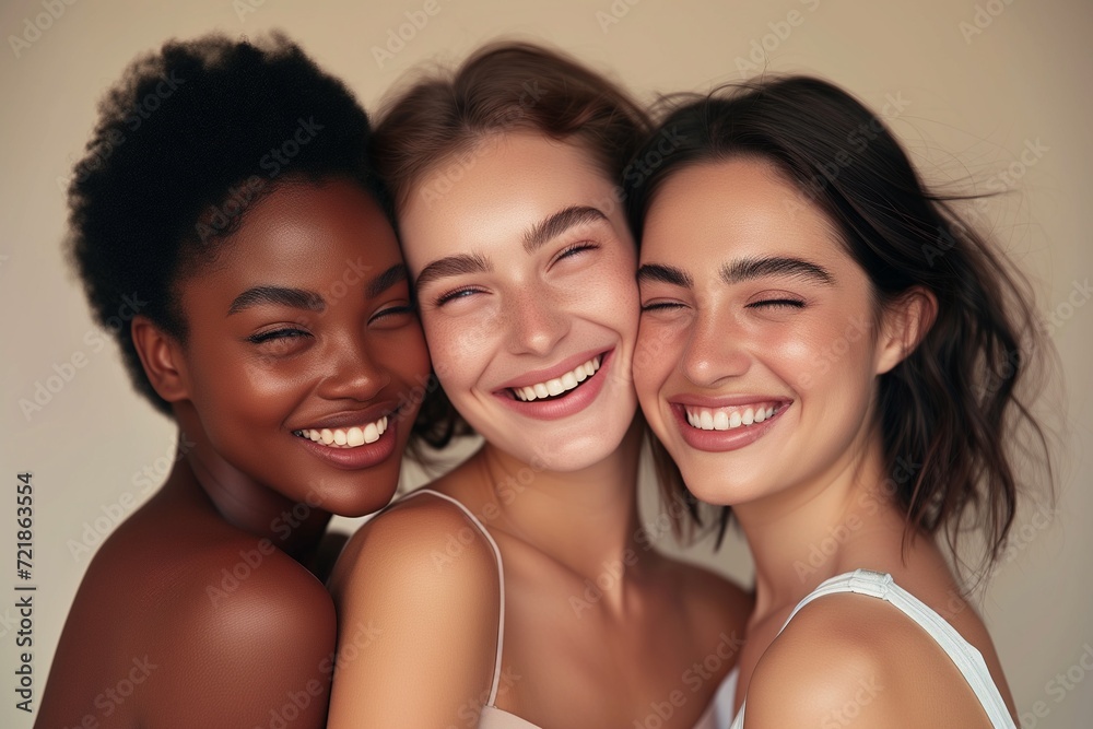 Close-up portrait of three diverse joyful women with radiant smiles, showcasing friendship and diverse beauty together.