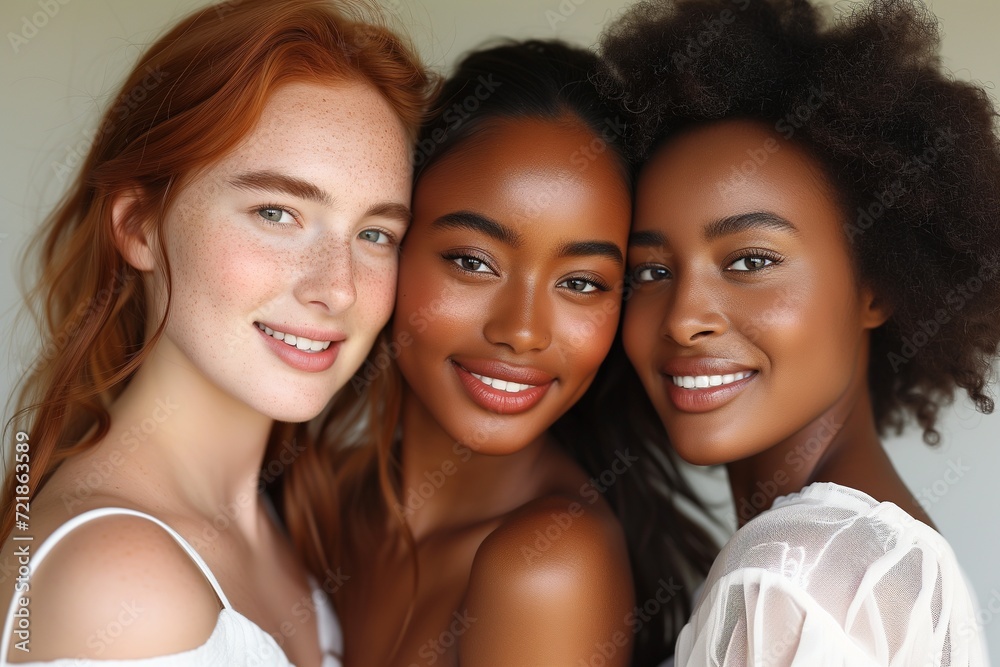 Close-up portrait of three diverse joyful women with radiant smiles, showcasing friendship and diverse beauty together. Close-up portrait of three diverse joyful women with radiant smiles, showcasing friendship and diverse beauty together.