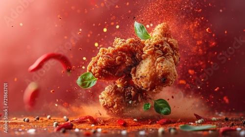 Fototapeta Naklejka Na Ścianę i Meble -  A dramatic presentation of spicy crispy fried chicken with an explosion of spices and breading, captured in a high-speed photograph.