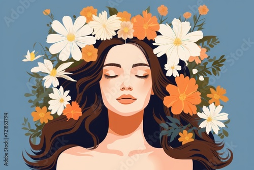 Beautiful girl with flowers in her hair, fashionable illustration, isolated background. Postcard with International Women's Day on March 8 © Alexandr
