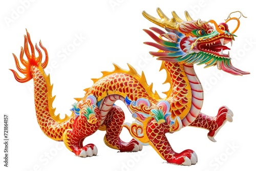 Vibrant Chinese Dragon Sculpture; Traditional Dragon Artwork; Colorful Mythical Creature Isolated