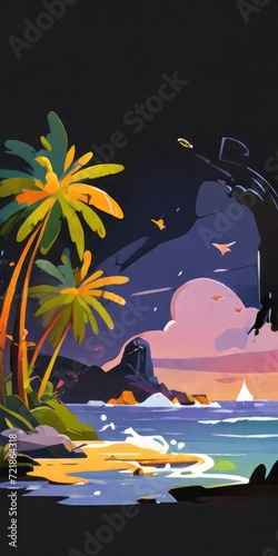 beach with palm tree at night illustration © alvian
